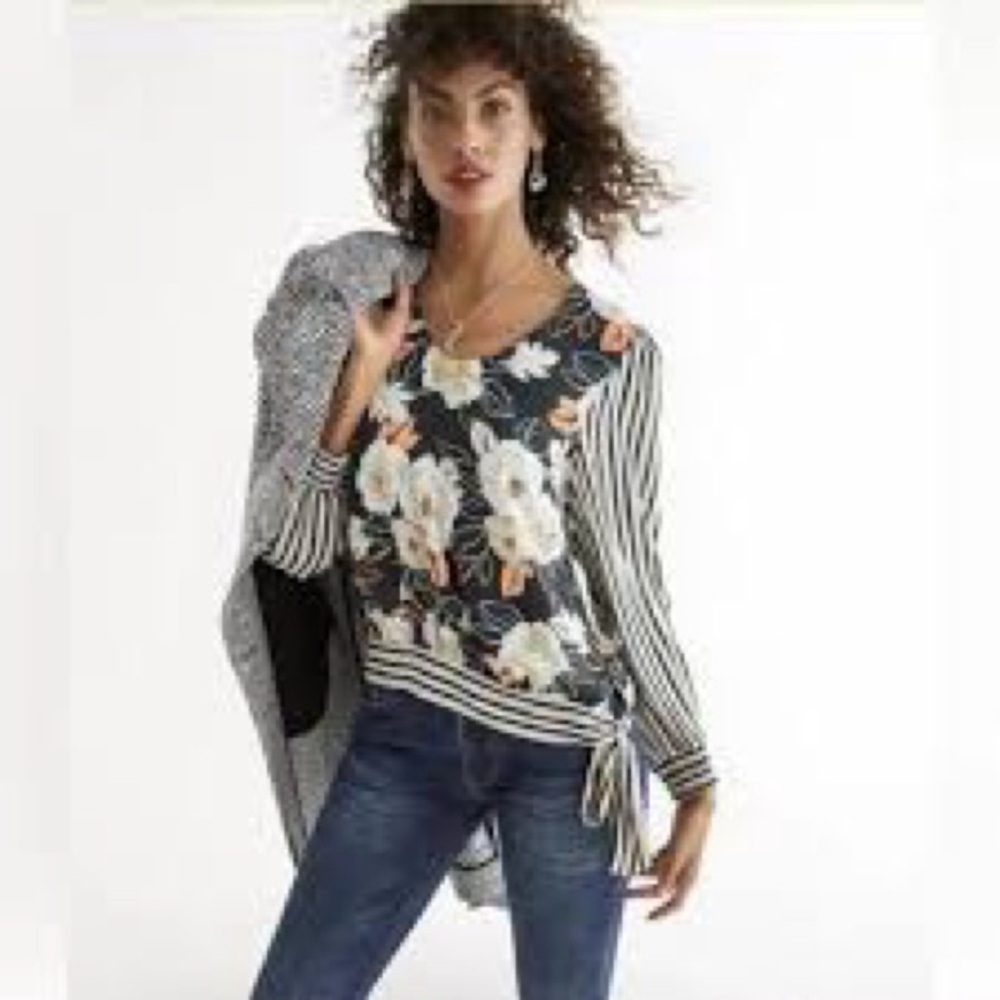 Cabi Black Floral Mixed Print Sweater Size M Side Tie